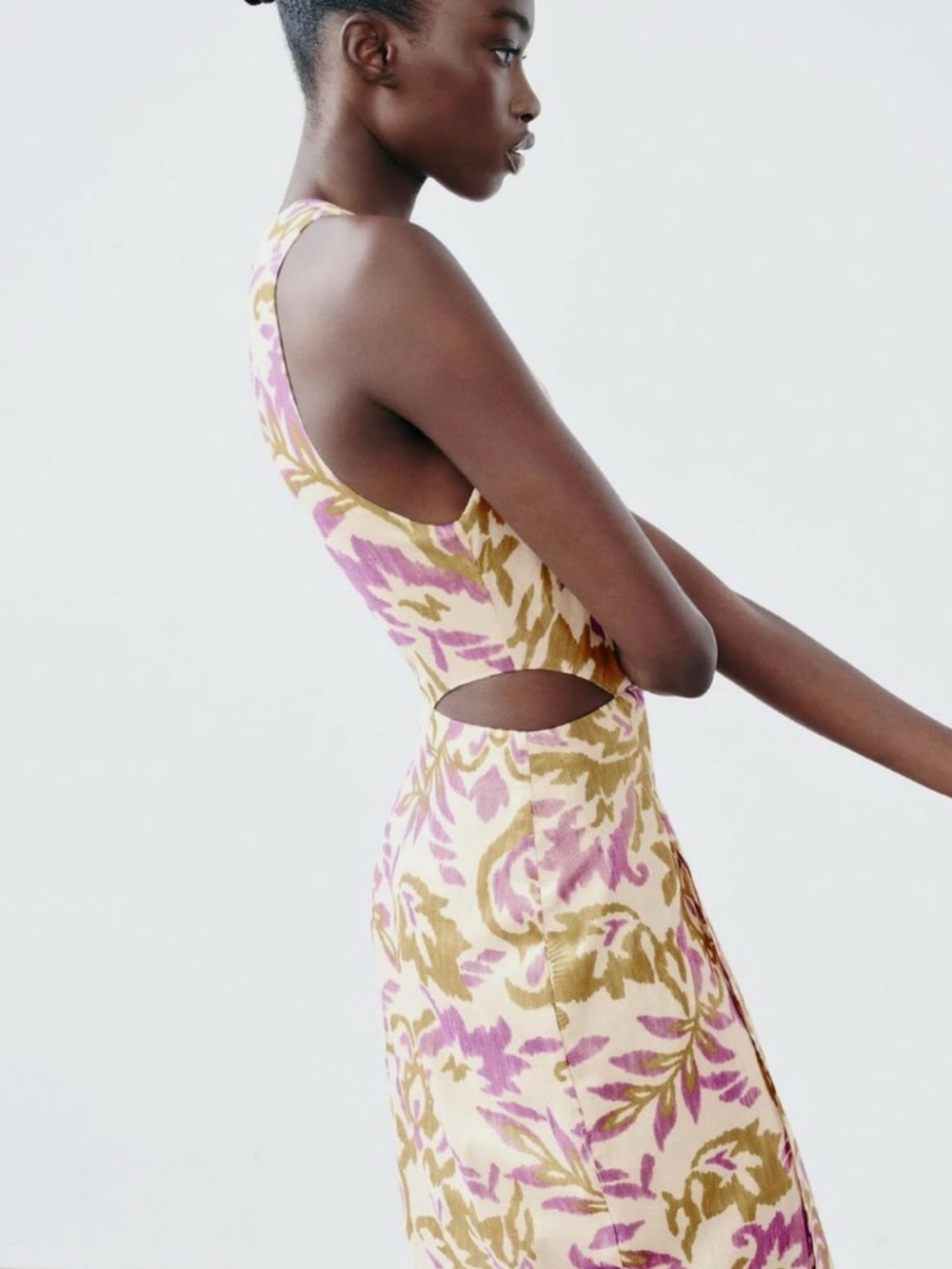 Zara Printed Midi Dress Sleeveless, Metallic Thread & Cutout